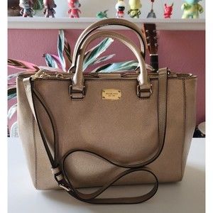 Michael Kors Kellen Medium Saffiano Leather Satchel Tote Bronze Gold Beige Color